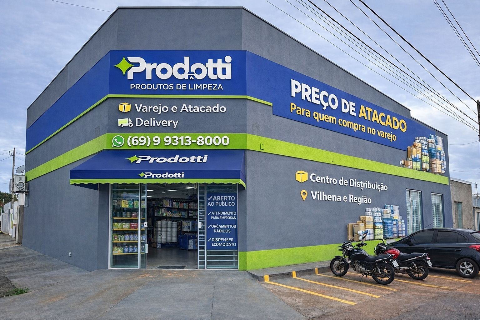 Fachada da loja Prodotti Produtos de Limpeza em Vilhena, com placa de preço de atacado e entrada aberta ao público